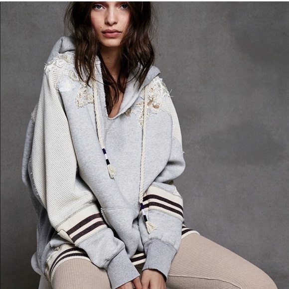 Free People Sweaters - Free People Gray Varsity Embellished Beaded Hoodie